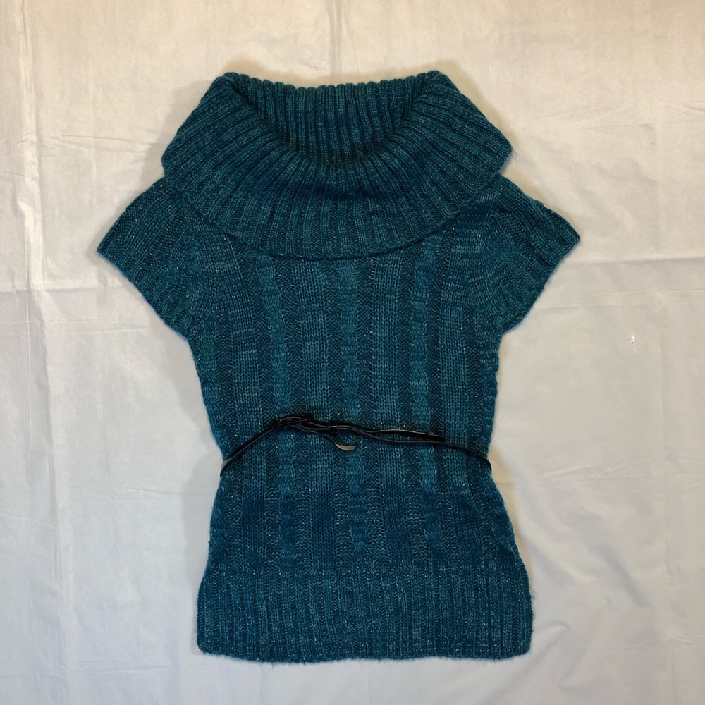 dots Women’s Short Sleeve Cowl Neck Belted Knit Dark Blue-Green Sweater S